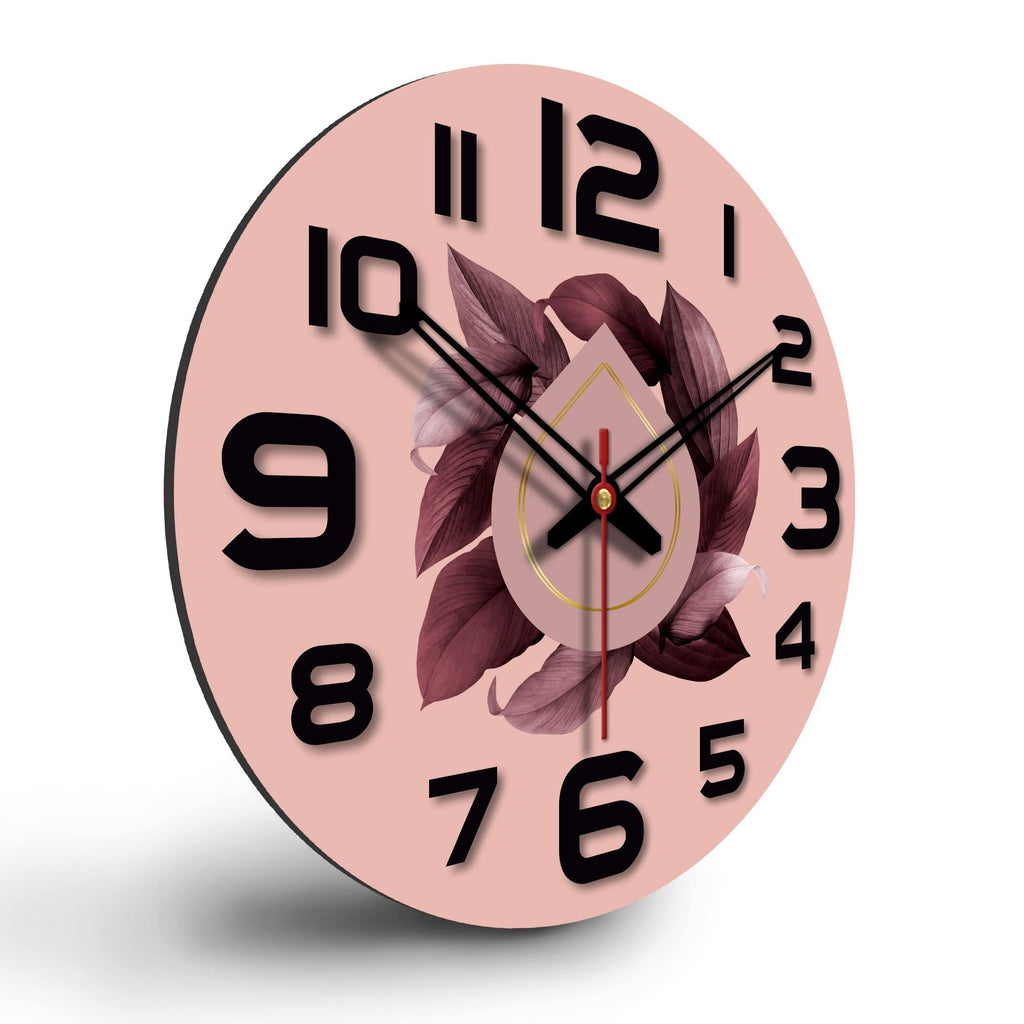 VIBECRAFTS Leaves Printed Pattern Wooden Wall Clock for Home Decor | Office | Livingroom | Bedroom | Cafe | Gifts (WWCVC1Pcs_15064)