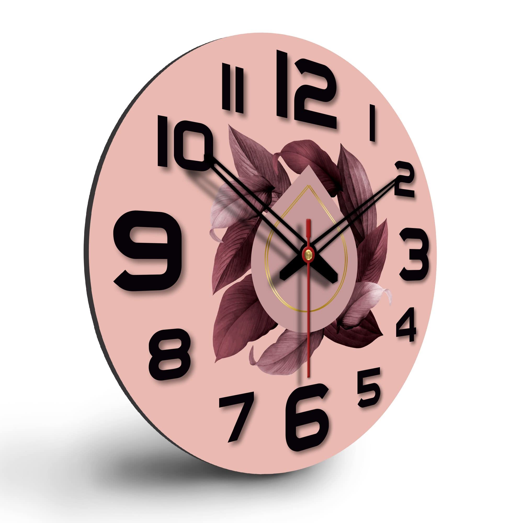 VIBECRAFTS Leaves Printed Pattern Wooden Wall Clock for Home Decor | Office | Livingroom | Bedroom | Cafe | Gifts (WWCVC1Pcs_15064)