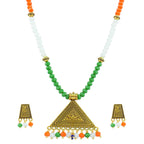 JFL - Jewellery for Less Elegant Tricolour Handmade Pendant Necklace Set for Women & Girls | Antique Gold Triangle Pendant with Matching Earrings | Independence Day & Republic Day Jewellery
