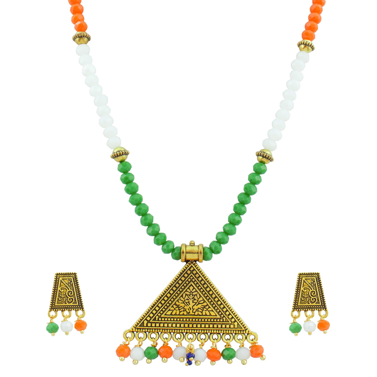 JFL - Jewellery for Less Elegant Tricolour Handmade Pendant Necklace Set for Women & Girls | Antique Gold Triangle Pendant with Matching Earrings | Independence Day & Republic Day Jewellery