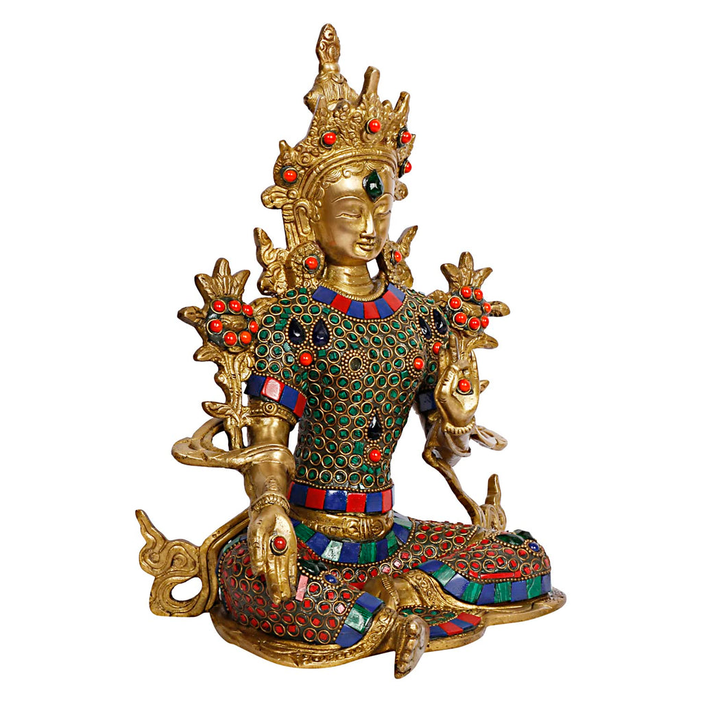 ARTVARKO Tara Devi Statue Brass Tibetan Goddess Religious Green Tara Statue for Health Happiness Wealth Idol Home Decor Sculpture Height 10 Inches