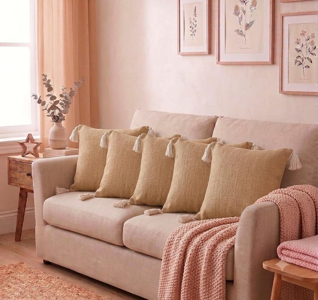 Furnistitchs Solid Boho Cushion Cover 16x16 Inches, Premium Natural Slub Fabric Throw Pillow Case with Tassels for Sofa, Couch, Living Room & Bedroom 40x40 cms, 5 pc - Oatmeal