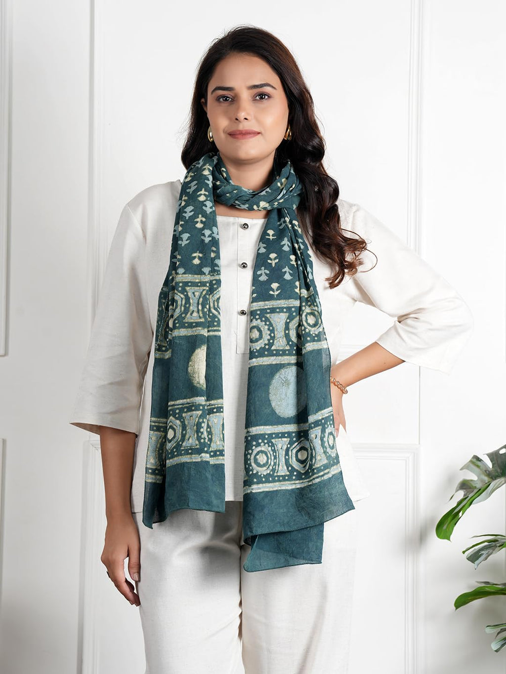 RAI SAHAB Printed Cotton Scarf for Women, Lightweight Soft Scarves Stoles for Summer & Winter(ST-74BLUE10)
