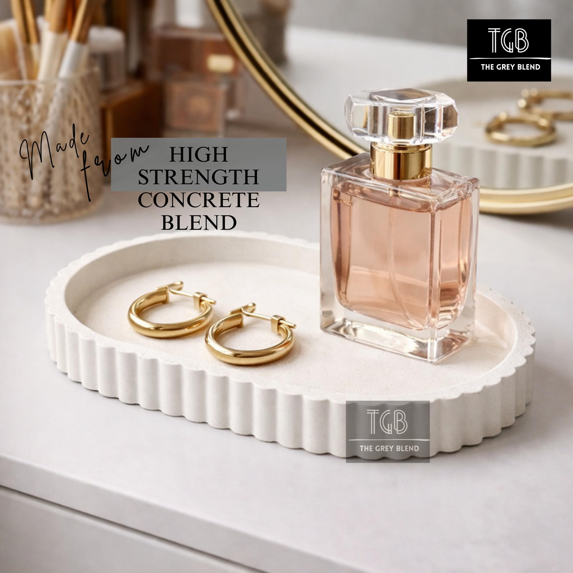 Bathroom Tray for Counter | White Concrete Vanity & Trinket Tray for Jewelry, Perfume & Toiletries Organizer | Oval Decorative Tray for Dresser, Bathroom & Table Decor (White, 20 cm) (Stripe Oval)