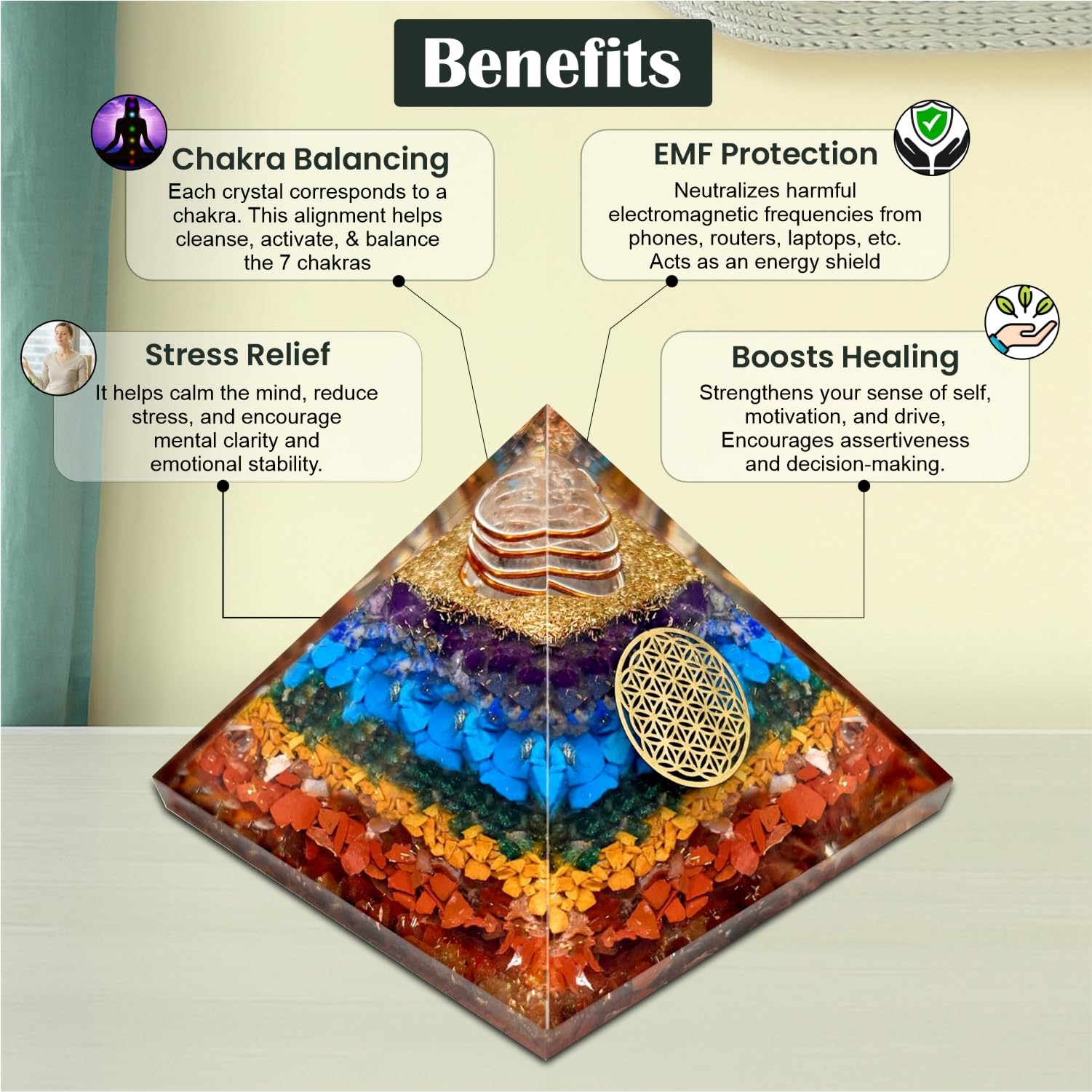 JD FRESH Original 7 Chakra Crystal Laxmi Pyramid Vastu for Home for Good Luck/Money & Wealth/Spiritual Gift/Showpiece for Living Room/Home Décor