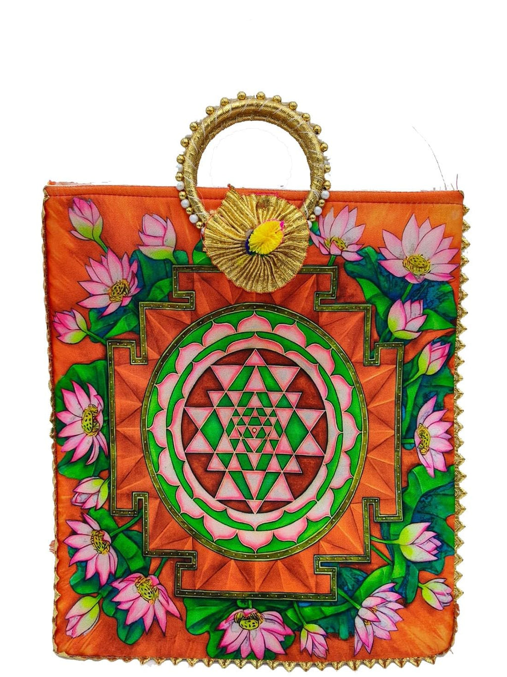 Reusable Shopping Tote Bag, Lotus and Sri Yantra Print, Cotton Canvas, Medium, Gold Metallic Handles, (Multicolors) (Pack of 2)