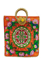 Reusable Shopping Tote Bag, Lotus and Sri Yantra Print, Cotton Canvas, Medium, Gold Metallic Handles, (Multicolors) (Pack of 2)