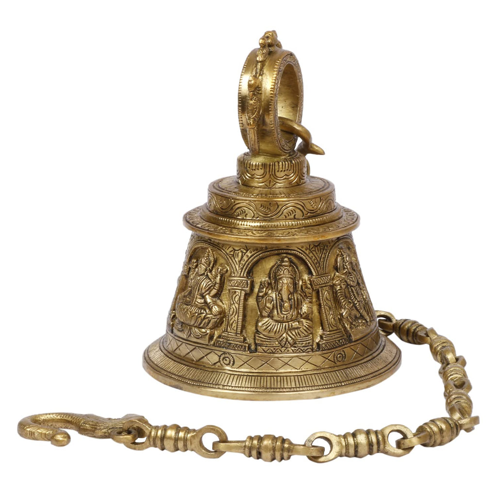 Artvarko Brass Big Temple Bell with Chain Radha Krishna, Shiva, Maa Durga, Hanuman, Lakshmi & Ganesha Engraved for Pooja Puja Room Mandir Ghanta Home Entrance Décor