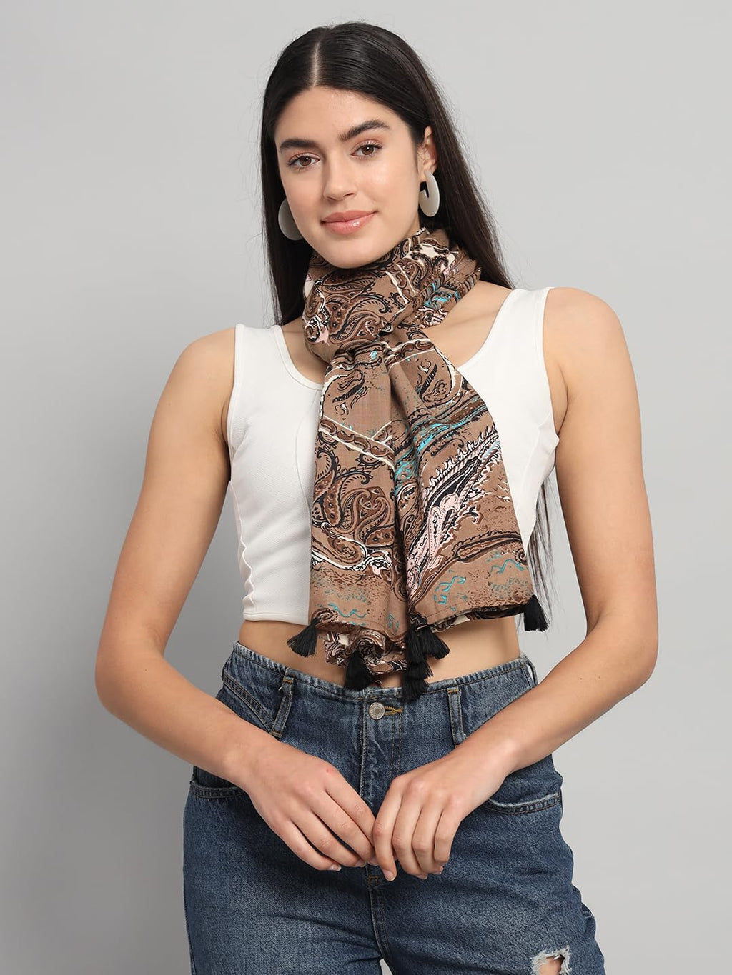 Ravaiyaa - Attitude is everything Women Brown & Cream Hand Block Floral Printed Cotton Tasseled Scarf 71 X 21 Inch