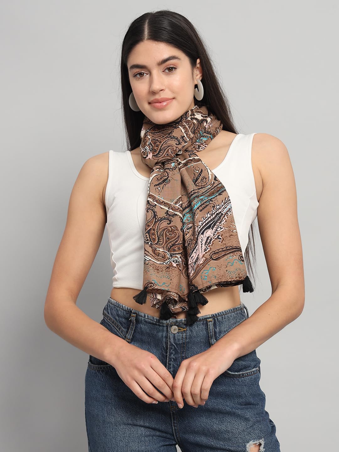 Ravaiyaa - Attitude is everything Women Brown & Cream Hand Block Floral Printed Cotton Tasseled Scarf 71 X 21 Inch