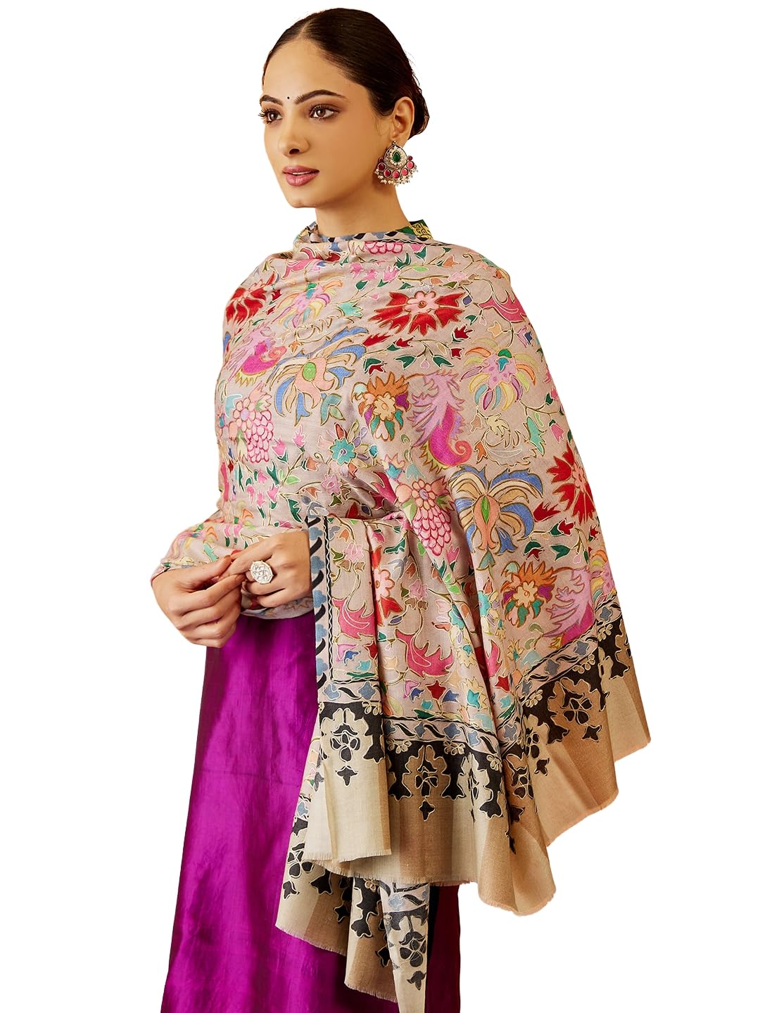Pashmoda Women Shaheen Fine Wool Fabric Pashmina Kalamkari Embroidered Shawl, Stole and Wrap, Sustainable and Natural Fabric, Heritage Kashmiri Pashmina(Size 40x80)