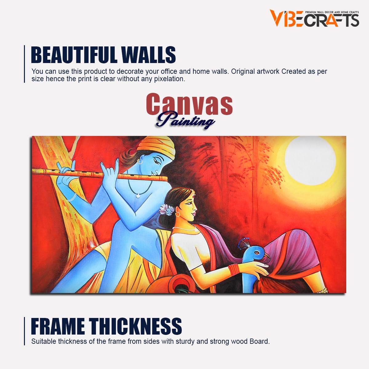 VIBECRAFTS Canvas Paintings for Living Room Drawing Room Radha Krishna with Flute Canvas Wall Painting for Homedecore|Office|Gift|Livingroom|Bedroom(PTVCH_2399NV)(48 x 24 Inches)