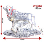 KridayKraft Kamdhenu Cow,Calf with Bal Gopal Krishna Metal Statue for Good Luck,Feng Shui As Table Top Figurine,Vastu,Religious Gau MATA Idol Home,Office&Table (Silver, Small)