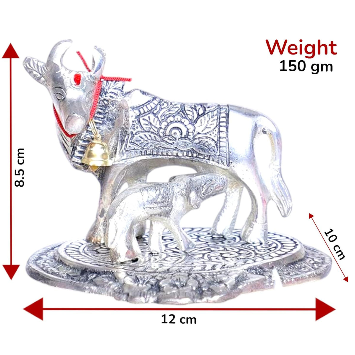 KridayKraft Kamdhenu Cow,Calf with Bal Gopal Krishna Metal Statue for Good Luck,Feng Shui As Table Top Figurine,Vastu,Religious Gau MATA Idol Home,Office&Table (Silver, Small)