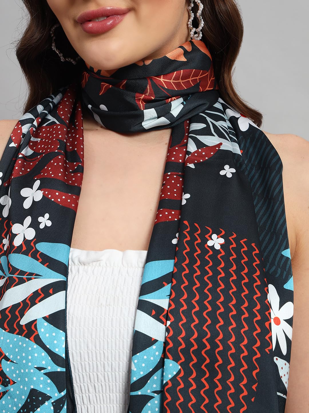 Ravaiyaa - Attitude is everything Women Lightweight Printed 100% Satin Silk Scarf Stoles Breathable Neckerchief Head Beach Wrap Scarves (Black Floral, 70 x 20 Inch)