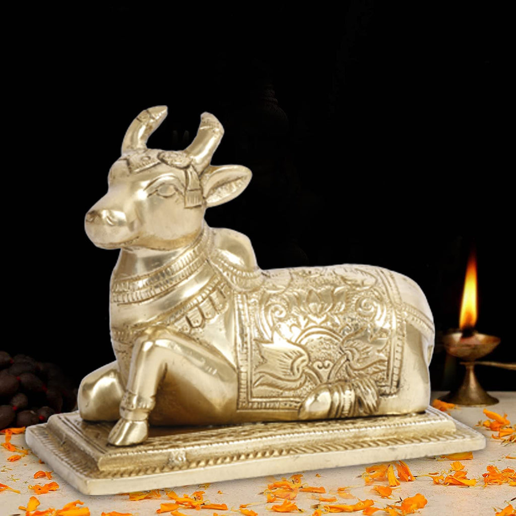ARTVARKO Brass Nandi Cow Spiritual Vastu Shiva Nandi Pooja Figurine Sculpture, Kamdhenu Bull for Religious Puja and Home Office Temple Decoration Showpiece 5.5 Inch