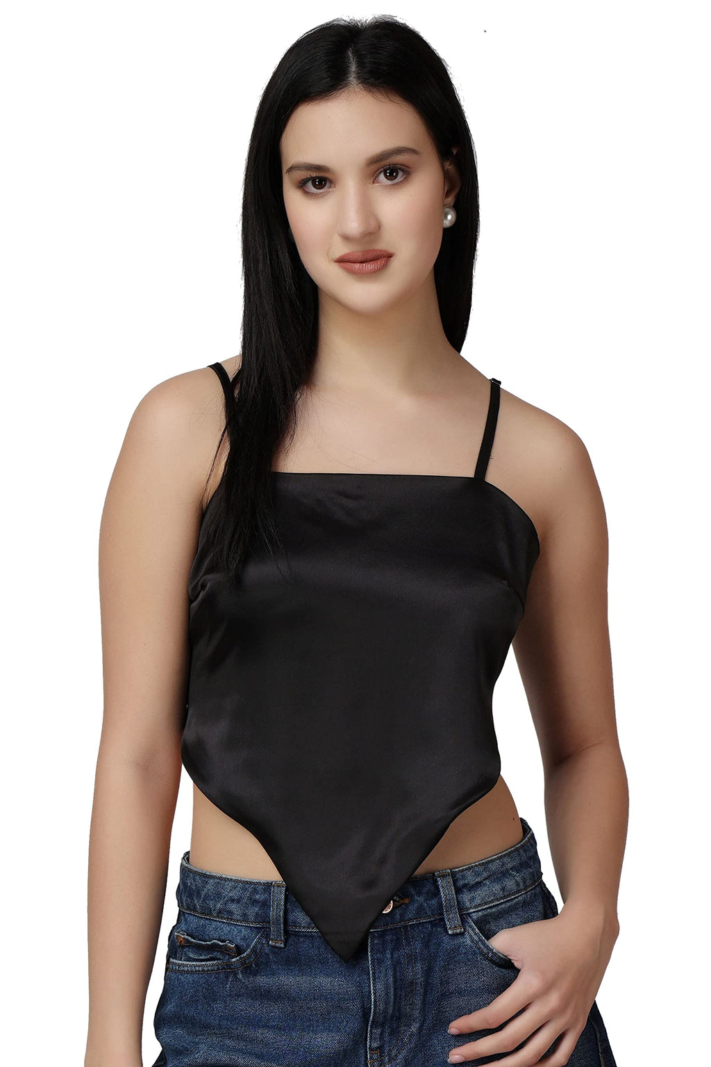Popwings Women Casual Black Satin Scarf Knot Solid Crop Top