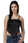 Popwings Women Casual Black Satin Scarf Knot Solid Crop Top