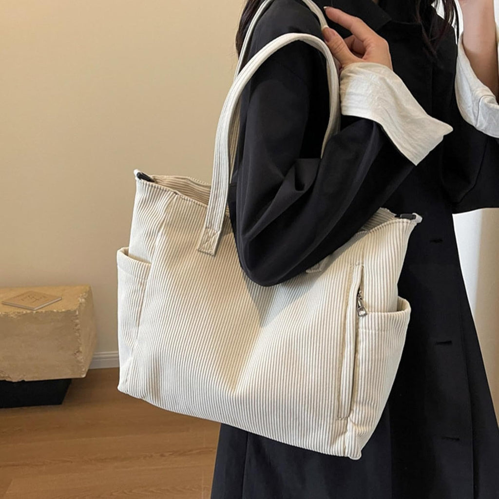 Kawn Corduroy Tote Bag for Women and Girls, Crossbody Big-Capacity Purse with Adjustable Strap, Shoulder Hobo Handbag for Travel and Everyday Use with Inner Pocket (Beige)