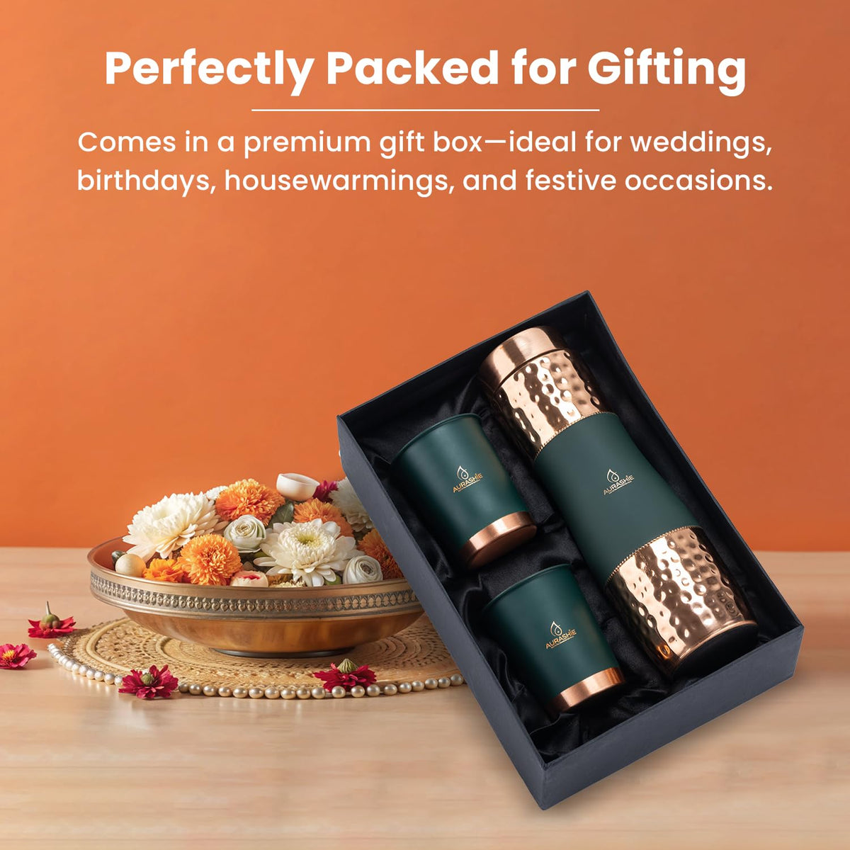 AURASHIE Pure Copper Drinkware Gift Set of 1 Bottle & 2 Glasses with Box | Pure Hammered Copper Drinkware | Gift Set for Birthday, Parties, Weddings & Festivals (Green Grip Sleeve)