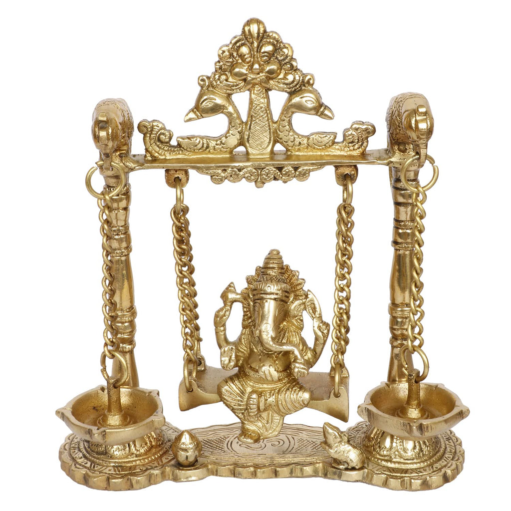 ARTVARKO Brass Ganesh Jhula with Diya Hanging Ganesha Swing Statue Ganpati Jhoola Kirtimukha Idol Murti for Home Décor Office Mandir Gift 9 Inch