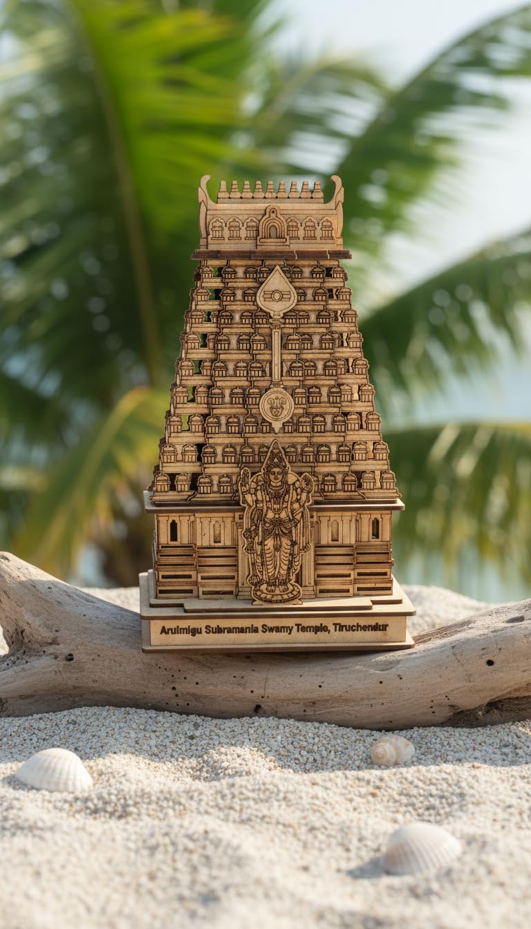 QUEENS CANVAS Arulmigu Subramania Swamy Temple Tiruchendur Wooden Replica, Decorative Miniature Model, Laser Engraved