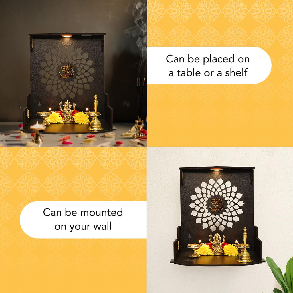 Ekhasa Wooden Pooja Mandir for Home Wall Mounted | Wooden God Temple for Home | Pooja Stand for Home | Puja Mandir for Home | Pooja Unit for Home with LED Spotlight | Temple for Office