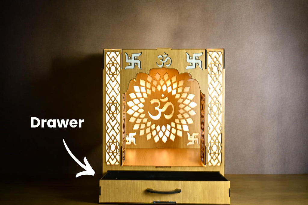 Wooden Home Mandir with LED Setup, Wall or Table Mounted (25x23x30) CM | Led Pillars | Mordern Design Temple for Home and Office | Maclarg (Light Peach)