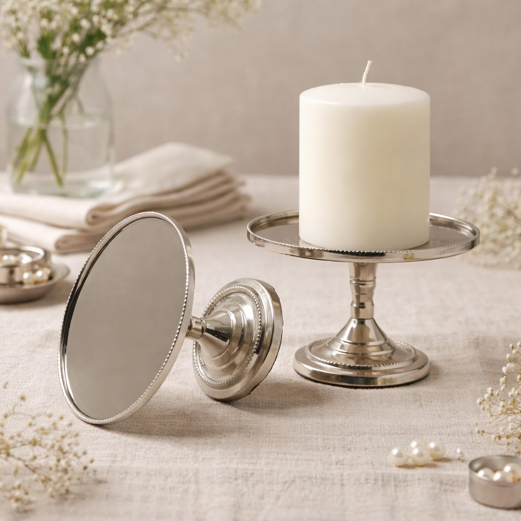 Hosley Set of 2 Metal Pillar Candle Holders 3 Inch High Candle Stands Ideal Gift for Weddings Bridal Party Spa Reiki Meditation Votive Pillar Candle Gardens, Silver
