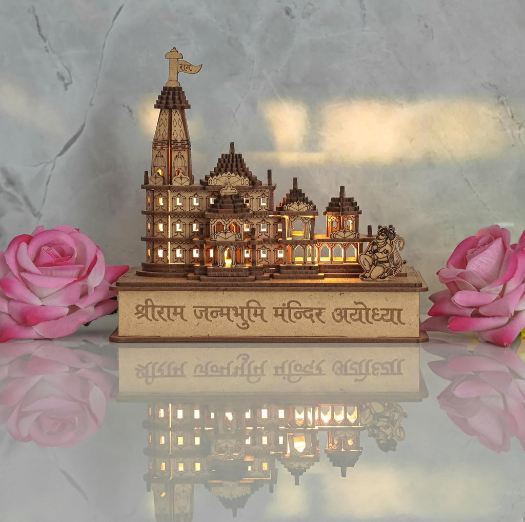 HaridwarDivine Shri Ram Mandir Ayodhya Mandir for Home, Ideal for Home Decor, Temple and Best Gift, Brown -with Multicolour LED Light