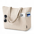 Batfield Large Tote Bag for Women with Zipper & 9 Compartments, Casual Corduroy Shoulder Bag, Lightweight Foldable Travel Handbag for College, Work, Shopping & Daily Use (Beige)