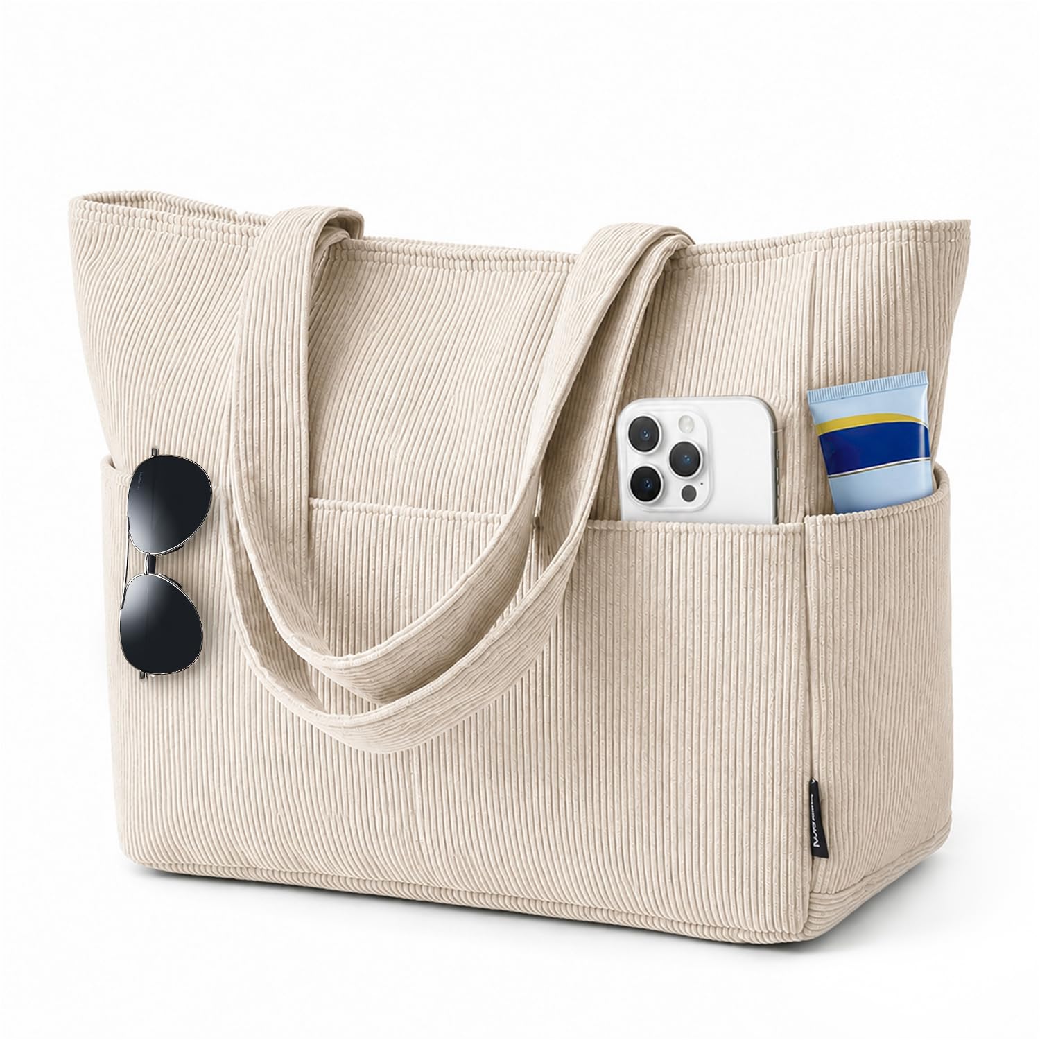Batfield Large Tote Bag for Women with Zipper & 9 Compartments, Casual Corduroy Shoulder Bag, Lightweight Foldable Travel Handbag for College, Work, Shopping & Daily Use (Beige)