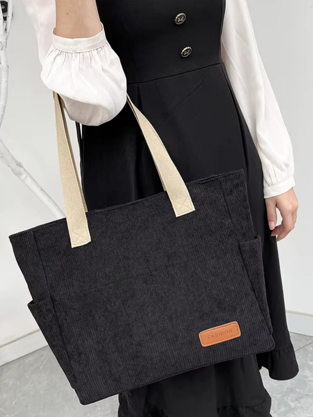 ITALISH Corduroy Tote Bag for Woman Lightweight Multi-Pocket Handbags for Women Latest Collection with Zipper Closure (Black)