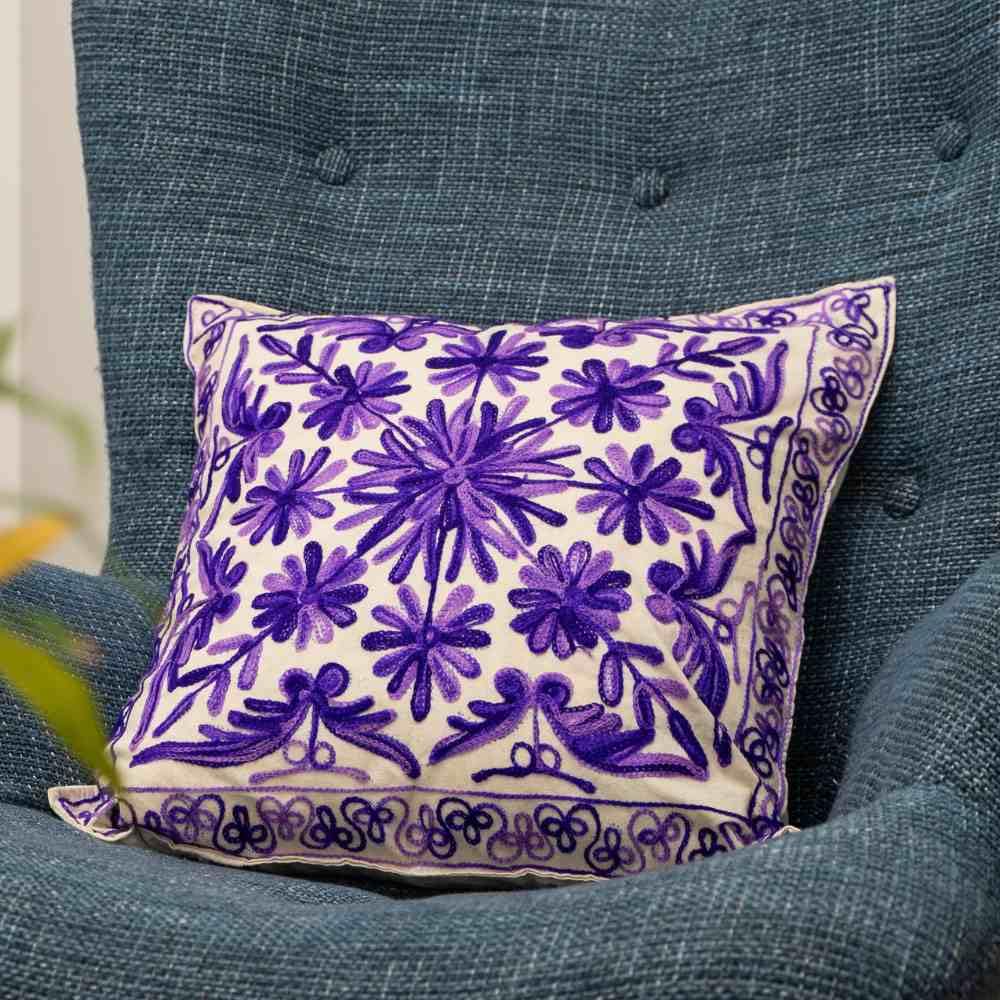 ATRANGI STUDIO Embroidered Cushion Covers - Set of 2 | Traditional Aari Embroidery | Threadwork Throw Pillow Covers with Zip Closure | Perfect for Sofa, Bed, Chair | 16x16 Inch, Violet Vibes