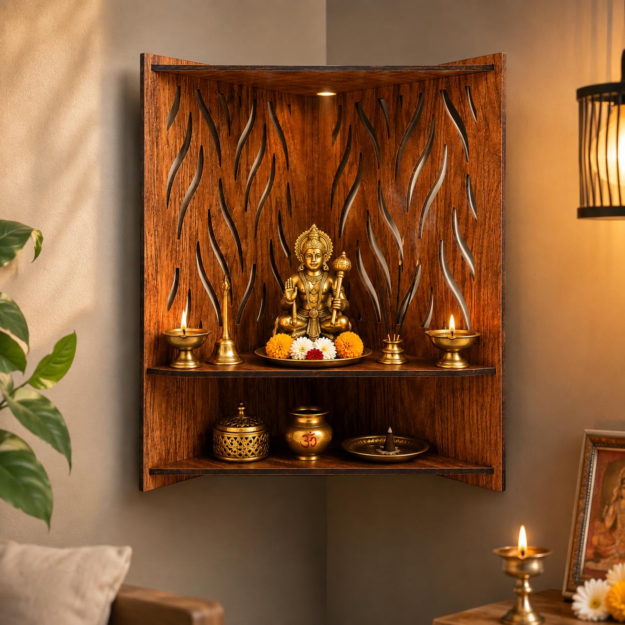 Aarohan Wooden Wall Mounted Pooja Mandir for Home | 2 Tier Hanging Temple with Ganesha Design | Space Saving Wooden Home Temple for God Idols (VWPM-L-105X155X35)