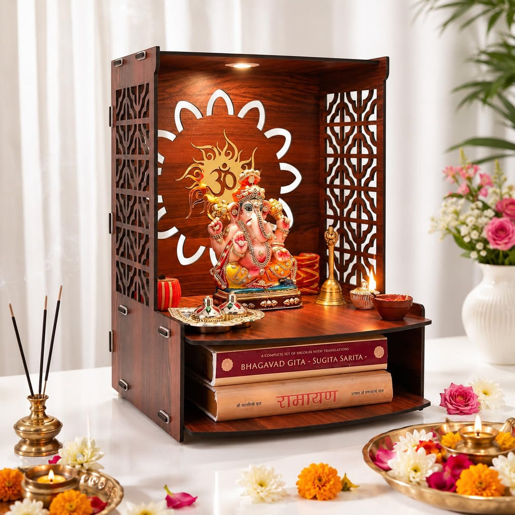Gift Kya De Wooden Temple for Home | Pooja Mandir with LED Light, Drawer & Shelves | Wall Mounted or Tabletop Mandir with OM Logo (DIY - H-15 x L-12 x W-10.5 Inch)