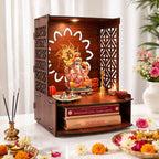 Gift Kya De Wooden Temple for Home | Pooja Mandir with LED Light, Drawer & Shelves | Wall Mounted or Tabletop Mandir with OM Logo (DIY - H-15 x L-12 x W-10.5 Inch)