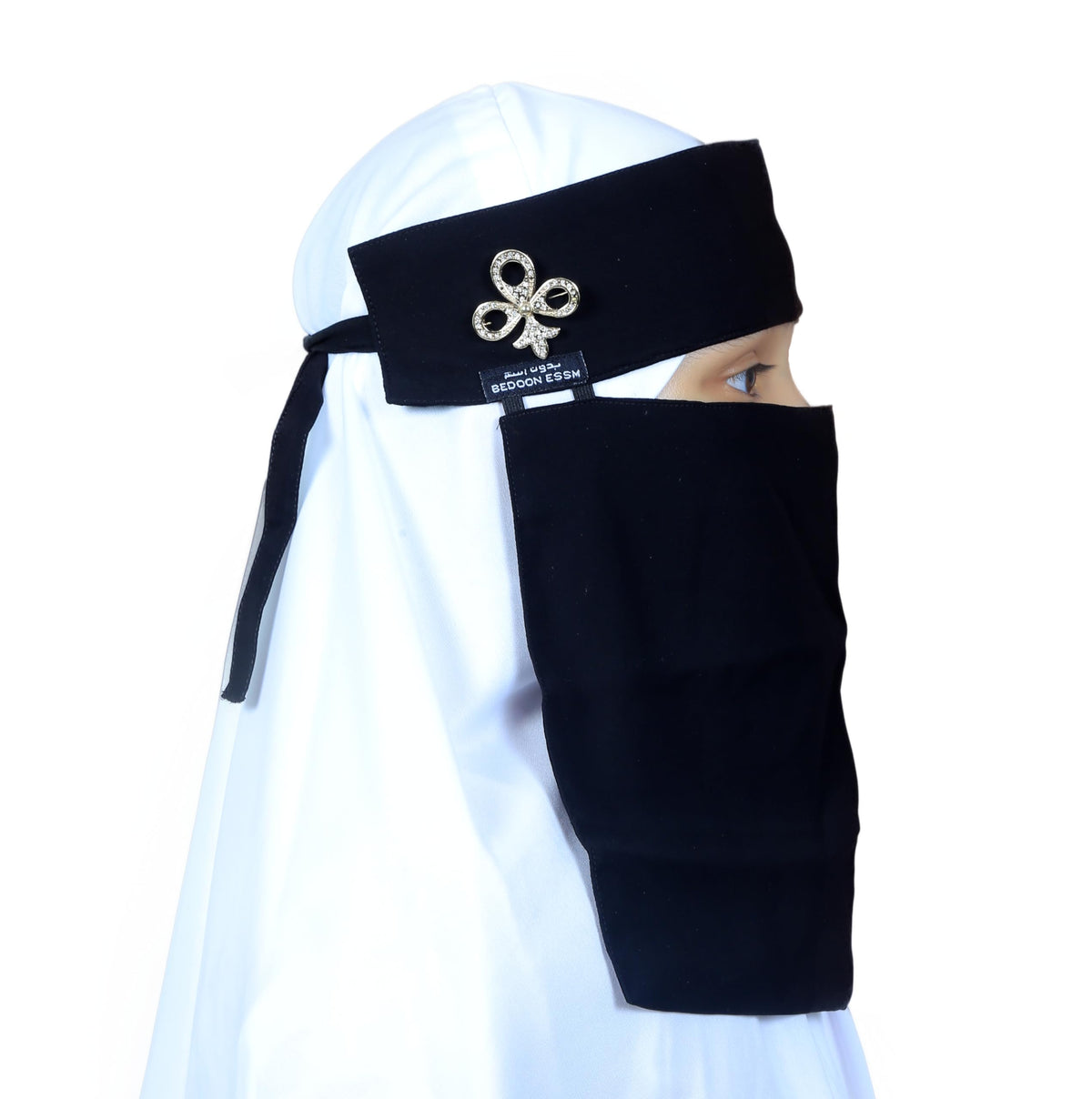 AL RIDHA Women's Babussalam Fabric Fashion Nosepiece One‑Layer Half Hijab Pendant Design Saudi Niqab for Muslim Women and Girls, Black (Gold Loop Pendant)