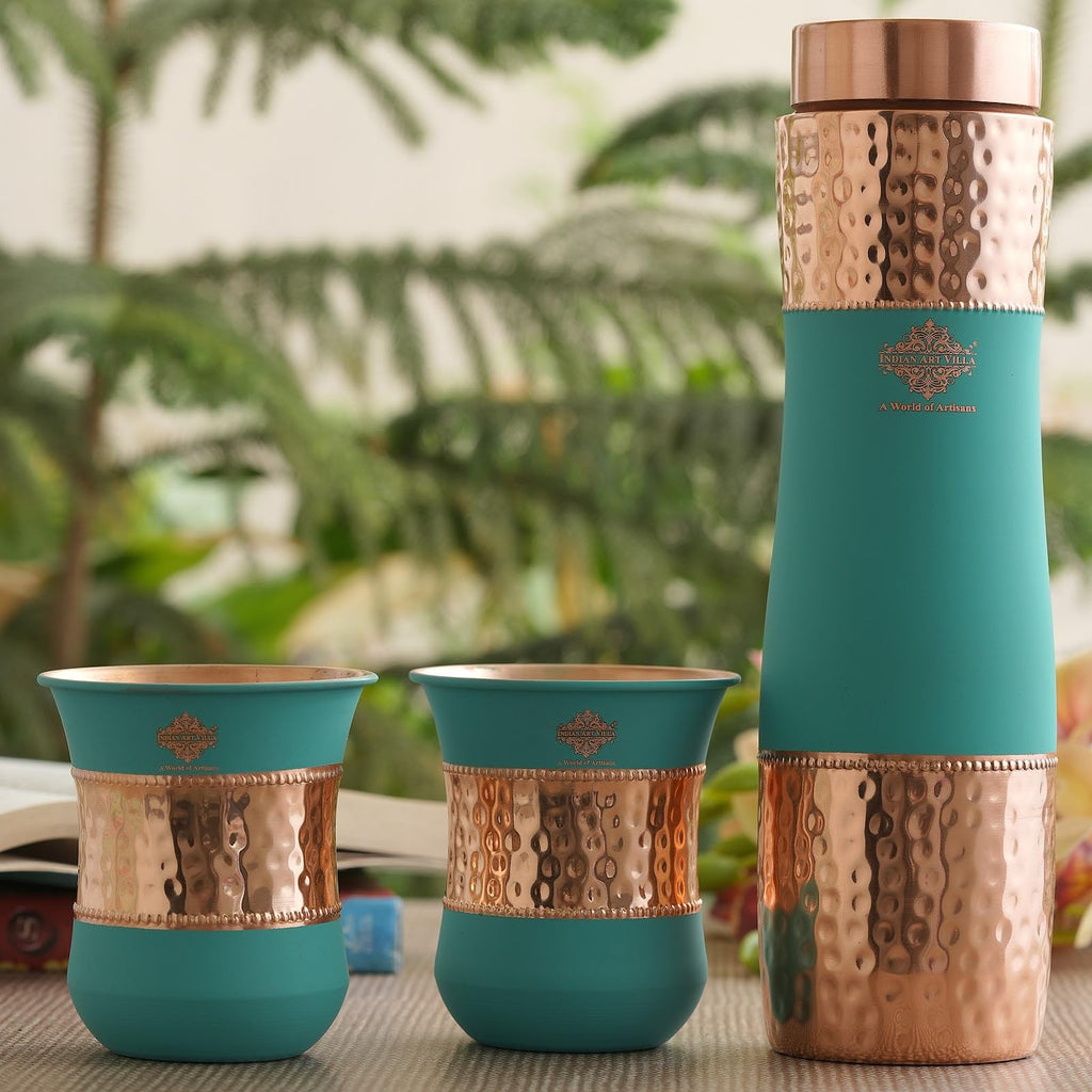 INDIAN ART VILLA Copper Drinkware Set - Pure Copper Water Bottle (1000 ML) & 2 Glasses (320 ML) in Turquoise Silk Finish, Perfect for Home, Office, Diwali, and Wedding Gifts