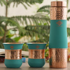 INDIAN ART VILLA Copper Drinkware Set - Pure Copper Water Bottle (1000 ML) & 2 Glasses (320 ML) in Turquoise Silk Finish, Perfect for Home, Office, Diwali, and Wedding Gifts
