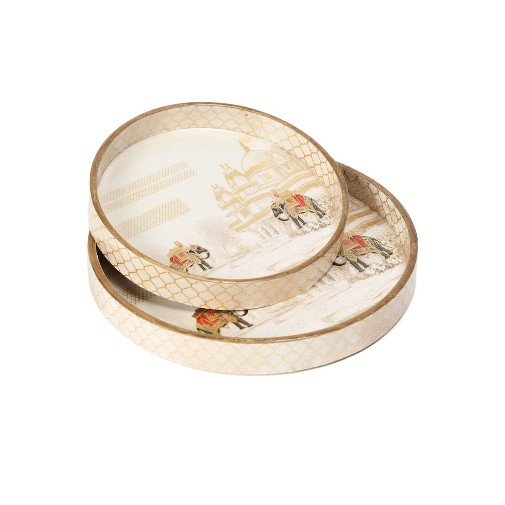 DULI Set of 2 MDF Wood Trays Enamel Coated| Round Trays Set of 2 | Serving Trays | Wooden Tray | Kitchen&Dining Decorative | Resin Tray | 7x7, 9 x 9 inches (SmSetof2Rd-WhiteElephant)