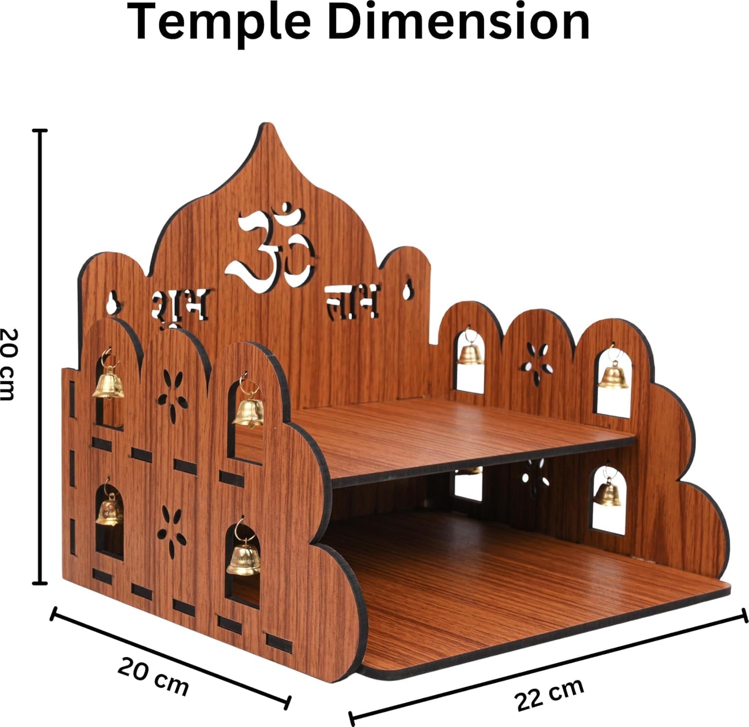 FLYUP Wooden Mandir for Home Pooja | Wall & Tabletop Temple with Ganesh Cutout | Solid Wood Finish Home Temple with Storage Shelf (Om Shubh Labh)