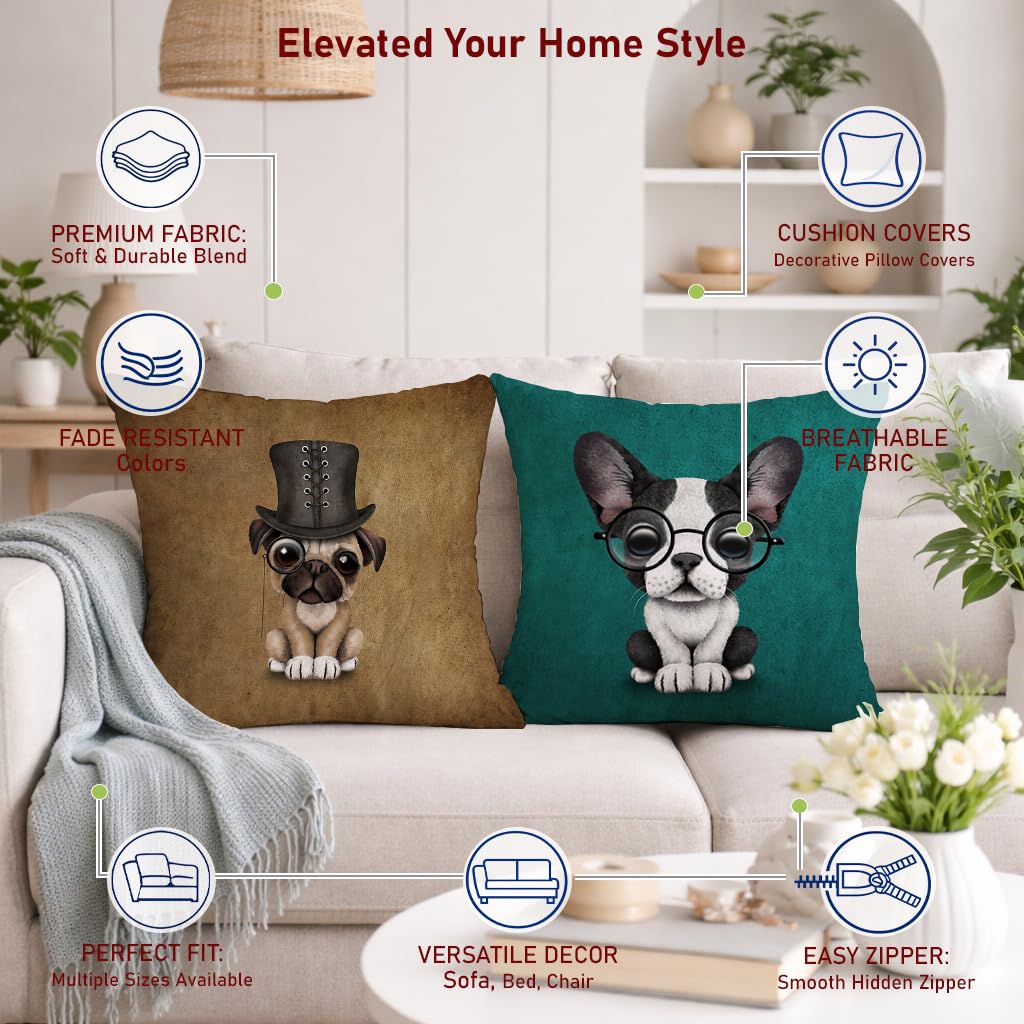 STITCHNEST Set of 2 Jute Cushion Covers – 18x18 Inches – Cute Puppy & French Bulldog Prints – Designer Decorative Pillow Covers for Sofa, Living Room & Bedroom | Perfect for Home Decor