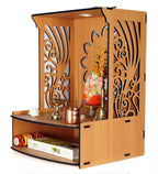 9br® Laabh Beautiful Wooden Pooja Stand for Home Pooja Mandir for Home Temple for Home and Office, with LED Spot Light Size (H- 15.5, L- 11.5, W-11 in)