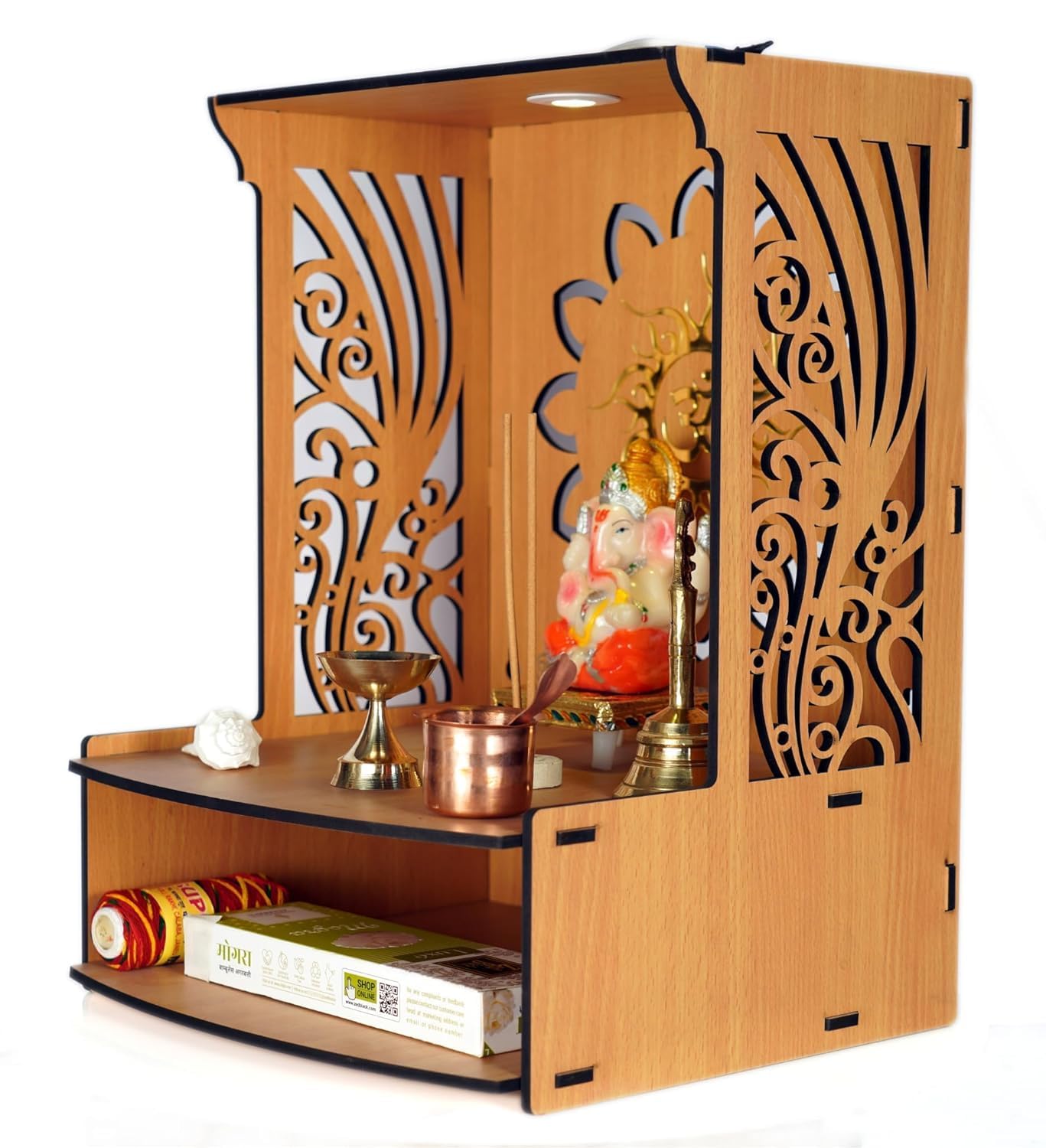 9br® Laabh Beautiful Wooden Pooja Stand for Home Pooja Mandir for Home Temple for Home and Office, with LED Spot Light Size (H- 15.5, L- 11.5, W-11 in)
