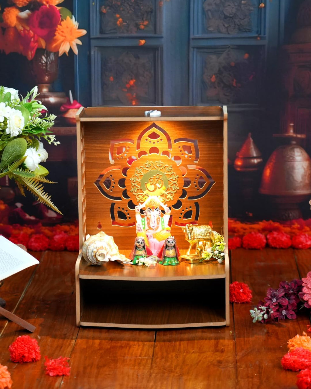 PIXELCRAFTS Wooden Temple Puja Mandir Art and Craft Temple for Home Shop Office with LED SPOT Light. (Size – H 15.5X L 11.5 x W 10.5 inch)