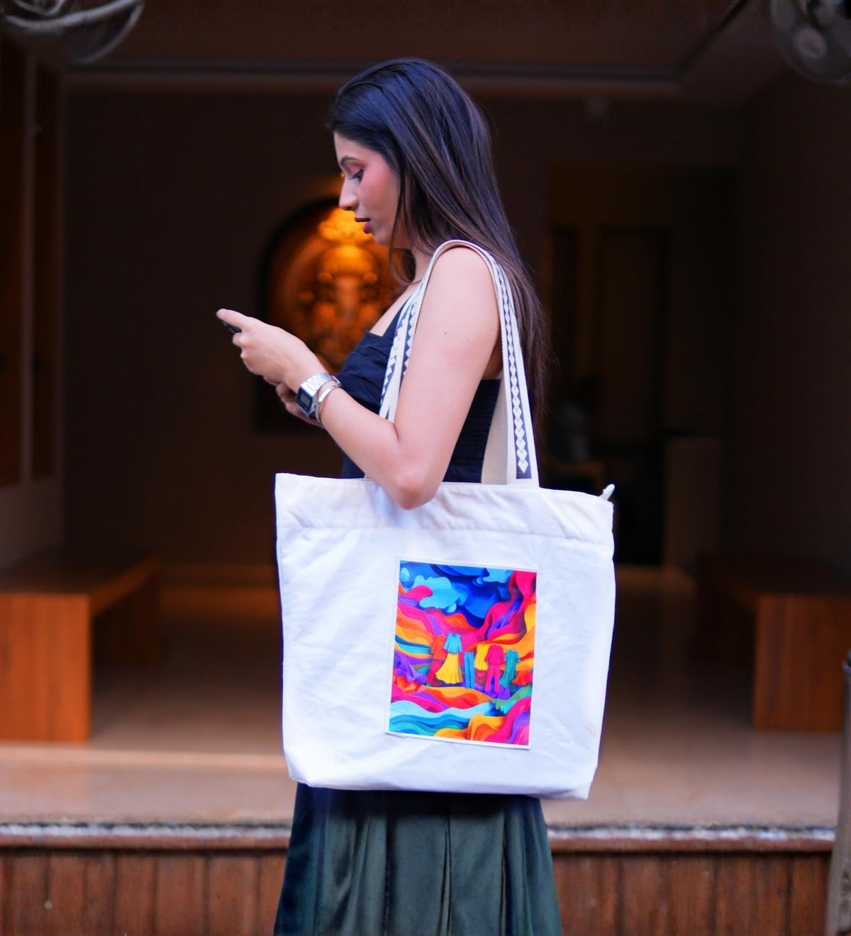WOTM On The Move Tote | Premium Printed Cotton Canvas Tote Bag with Zipper & Inside Pocket, Stylish Everyday Travel Bag for Work, College, Office, Travel, Shopping (Textile Waste)