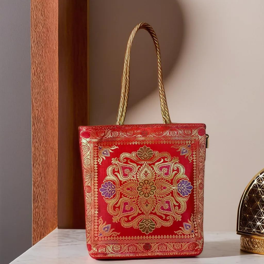 Rhaa Red Tote Bag | Banarasi Silk Embroidered | Tote Bag for Women | Perfect for Festivals, Office, Shopping, Travel & Grocery | Zipper Closure & Pockets 30x8x30 CM