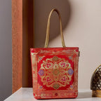 Rhaa Red Tote Bag | Banarasi Silk Embroidered | Tote Bag for Women | Perfect for Festivals, Office, Shopping, Travel & Grocery | Zipper Closure & Pockets 30x8x30 CM