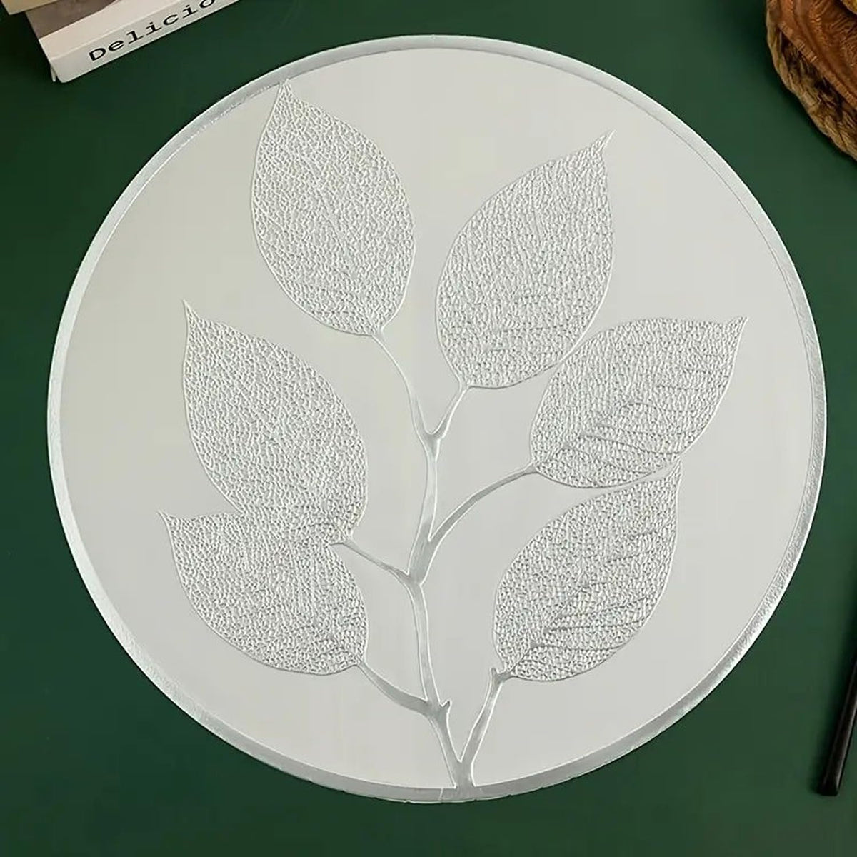 Dakshya Industries Luxury Leaf Shape Waterproof Table Placemat for Kitchen Dining (Silver) Kafalo